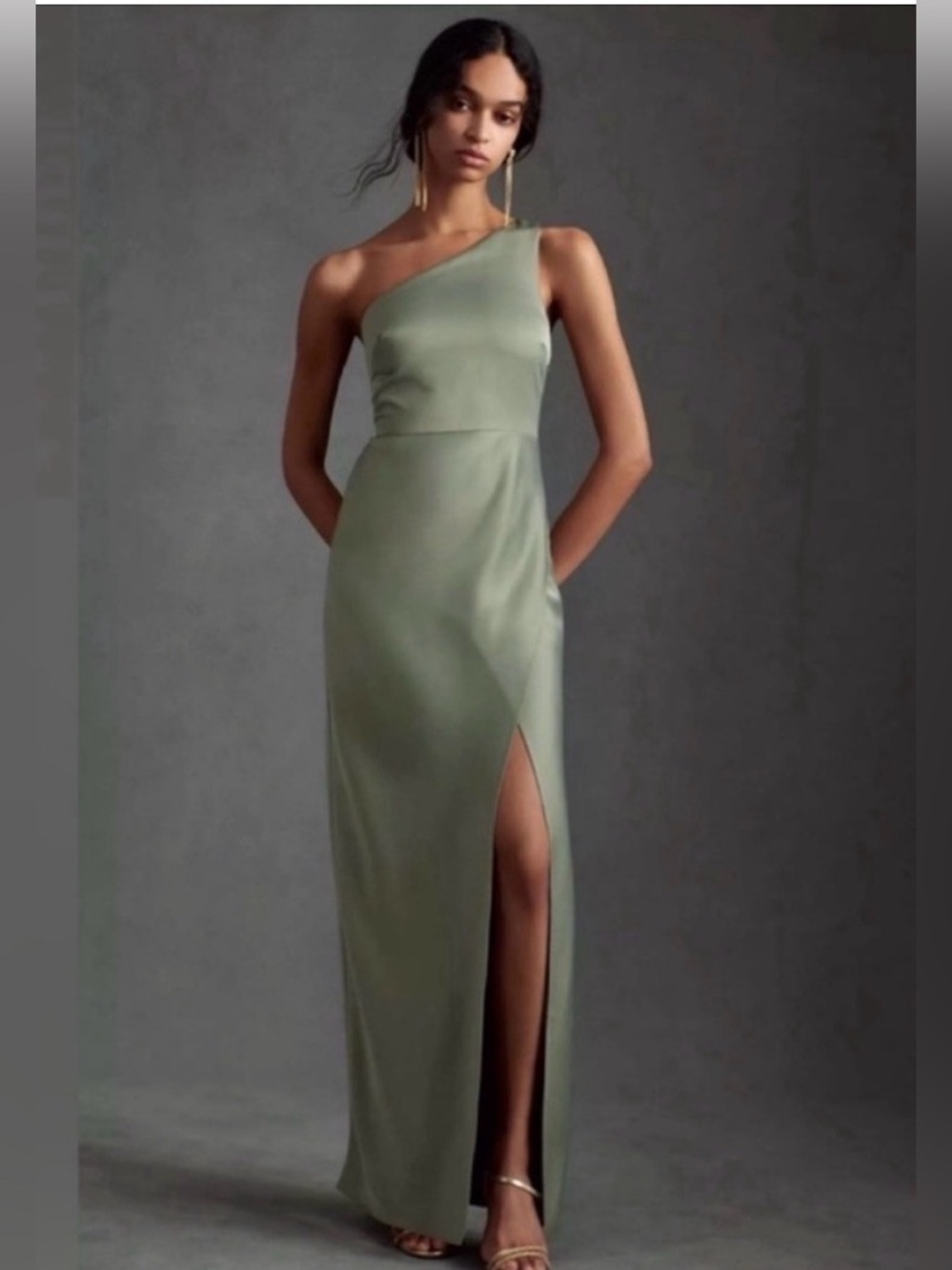 BHLDN Anthropologie Dylan One Shoulder Satin Side Slit Gown Dress Green
